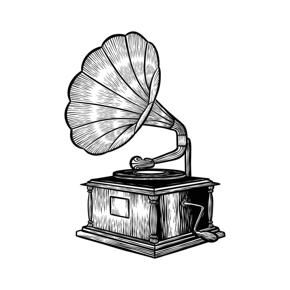 Hand gezeichnet Jahrgang Grammophon. schwarz und Weiß Jahrgang Musik- skizzieren. Vektor Illustration