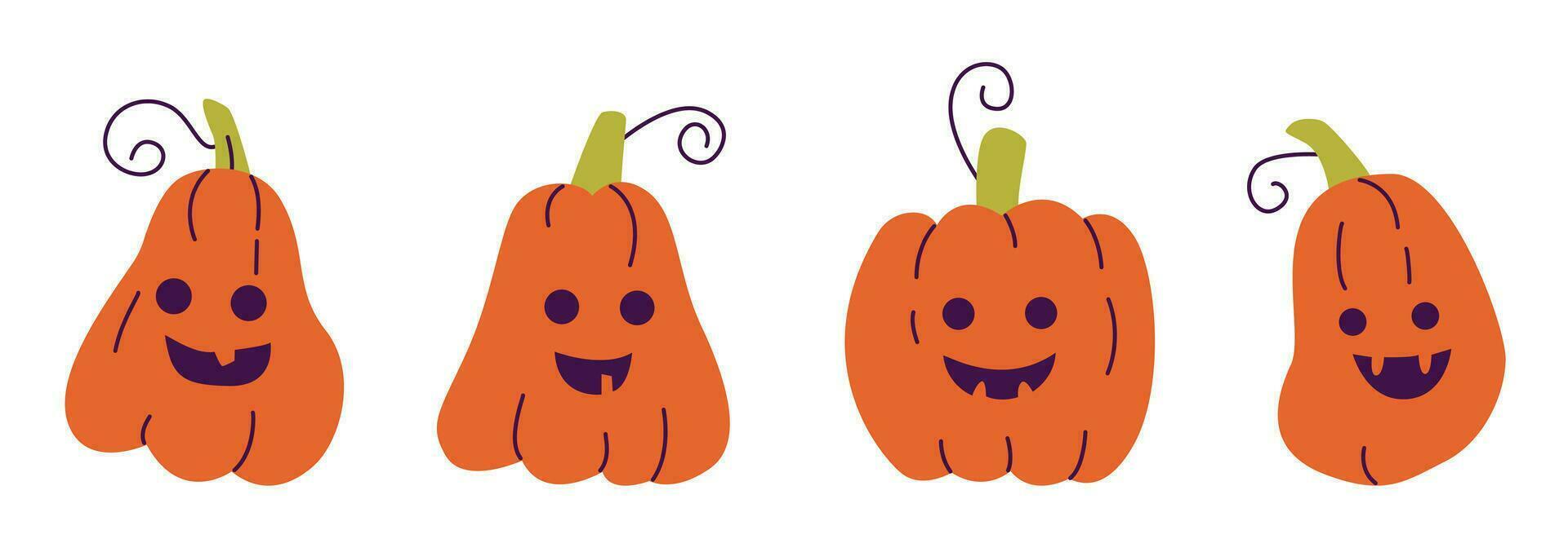 uppsättning av skrämmande halloween pumpor. ristade halloween pumpa med rolig ansikte. platt vektor illustration.