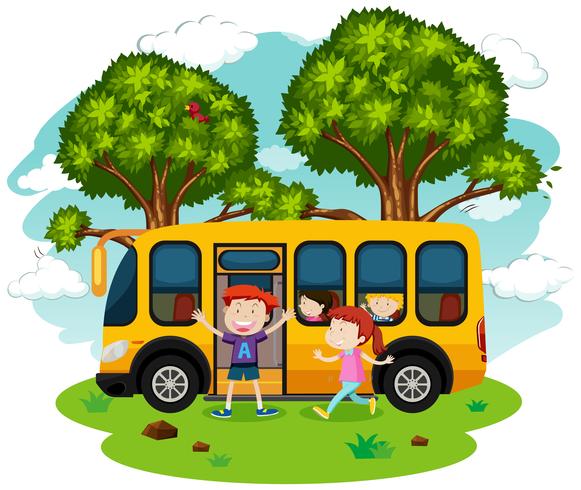 En skolbuss och studenter vektor