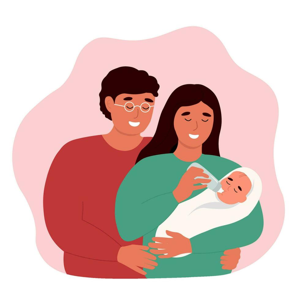 Mama und Papa mit ein neugeboren. Flasche Fütterung Baby. ein glücklich Familie liebt ein Kind. Vektor eben Grafik.