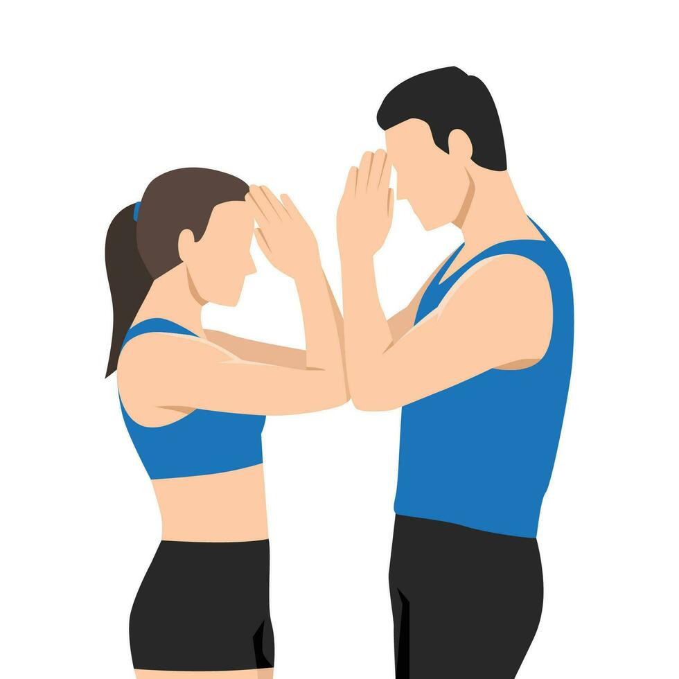 ung par håller på med stretching övningar flexibel kropp akrobatisk poser yoga kvinna och man do gymnastik värma upp. vektor