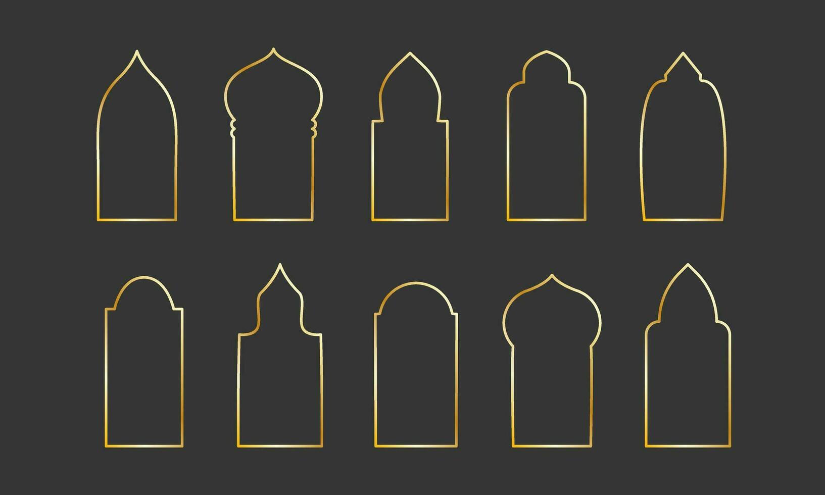 gyllene geometrisk ramar. guld fönster i arabicum stil. tunn linje båge uppsättning för inbjudan dekoration. vektor illustration på svart bakgrund. isolerat