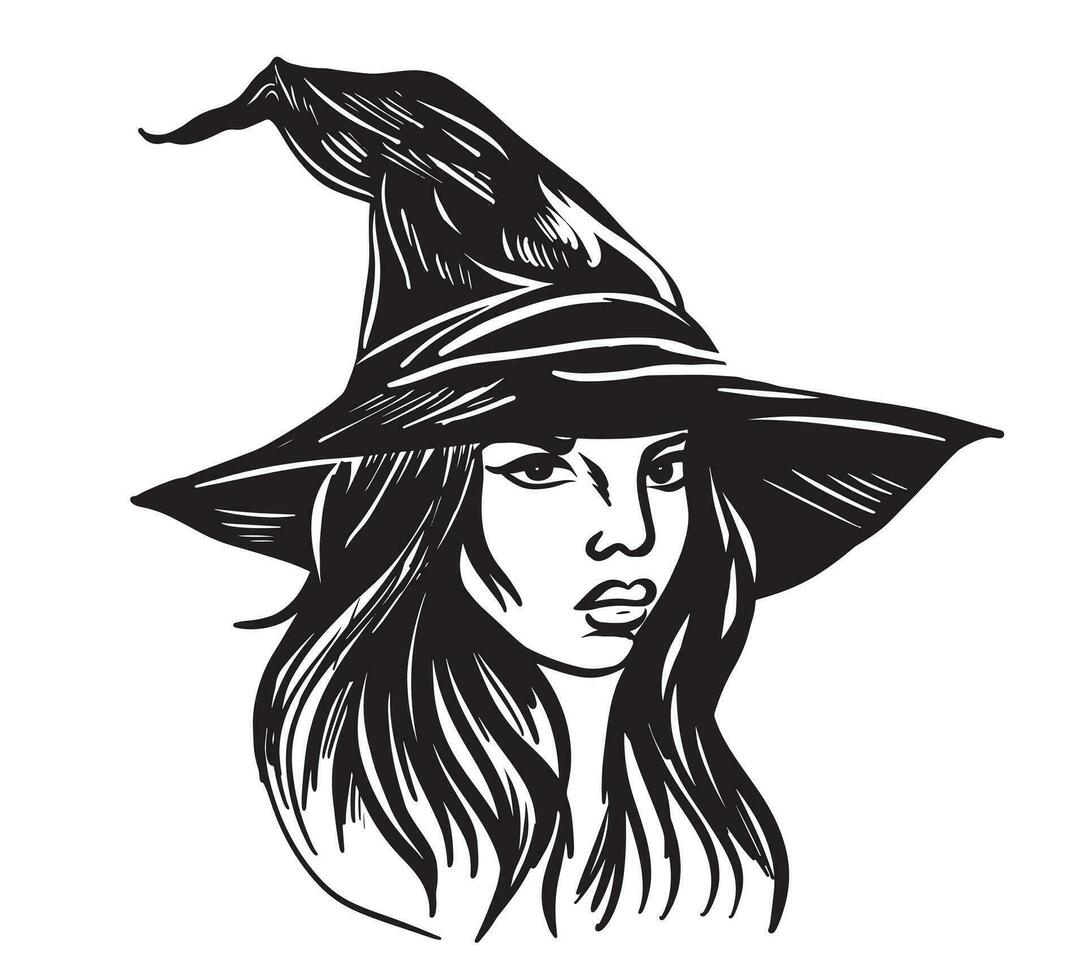 Kopf von Hexe im Hut Halloween skizzieren Vektor Illustration