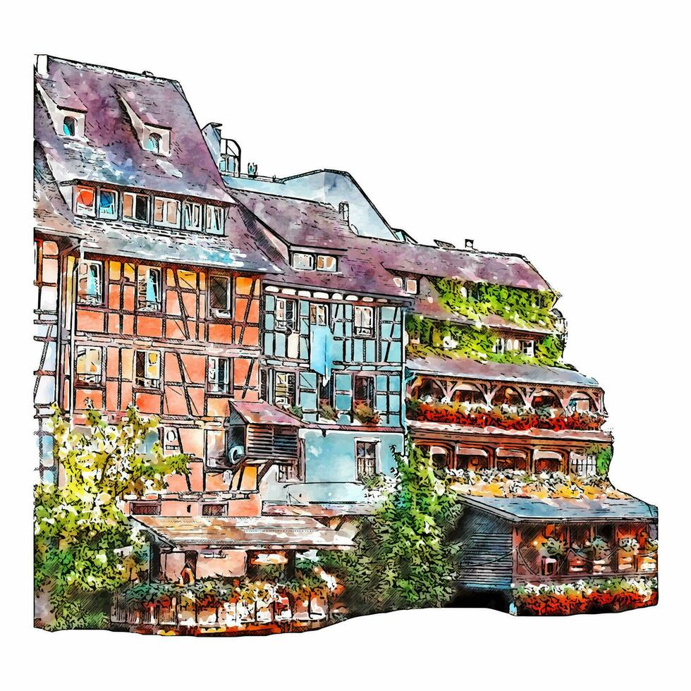 Strasbourg Frankrike vattenfärg hand dragen illustration isolerat på vit bakgrund vektor
