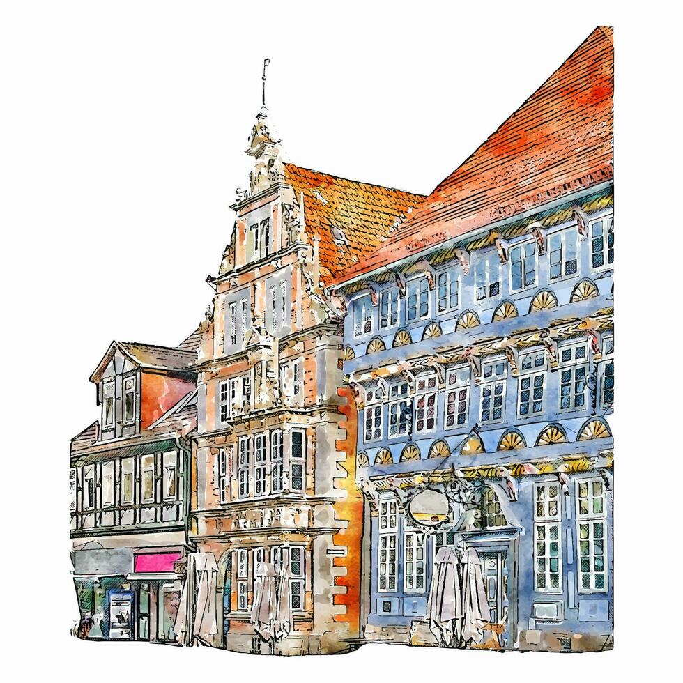 Hameln Deutschland Aquarell Hand gezeichnet Illustration isoliert auf Weiß Hintergrund vektor