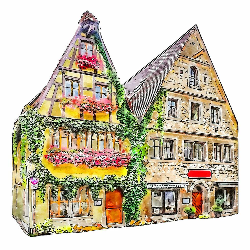 rothenburg Tyskland vattenfärg hand dragen illustration isolerat på vit bakgrund vektor