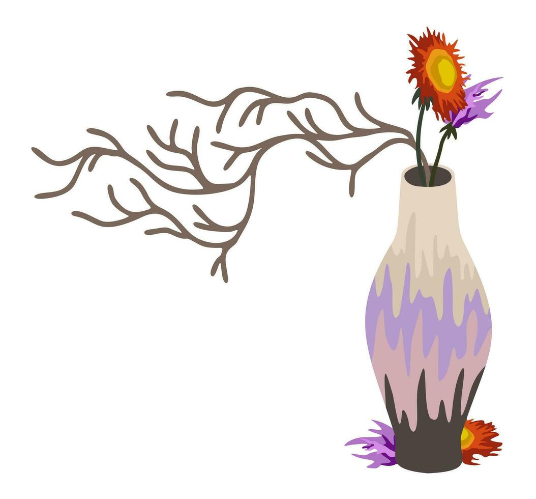 dekorativ Vase mit trocken Blumen und Ast. Vektor isoliert Illustration