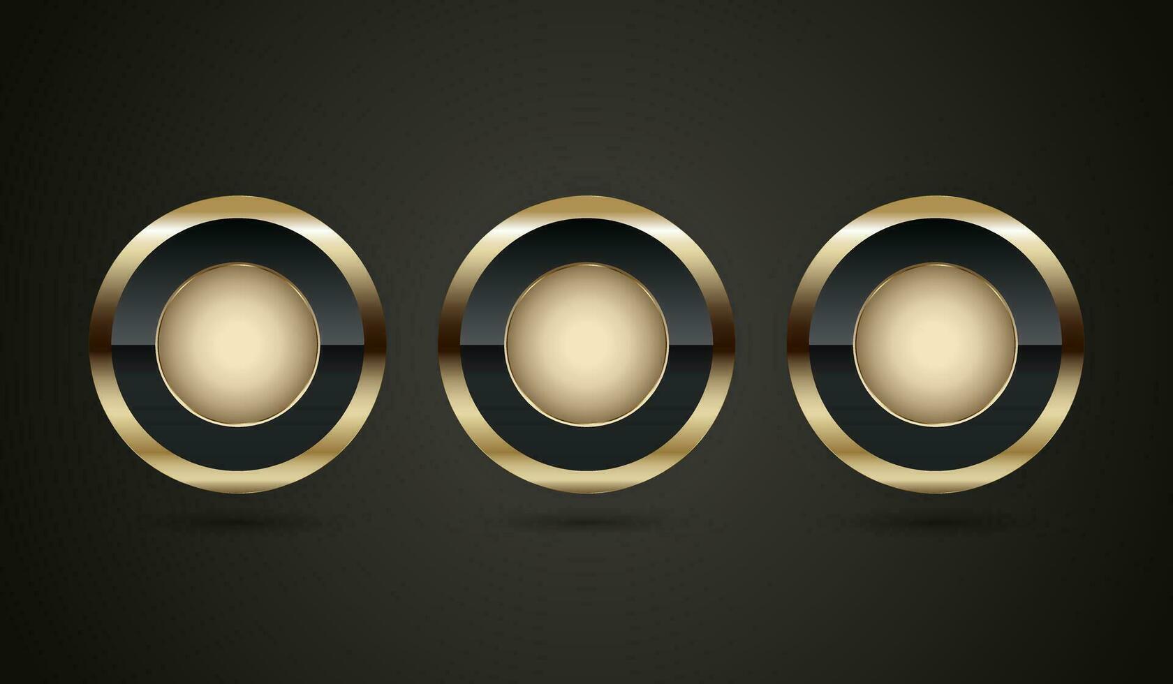 uppsättning av tre lyx guld och premie kvalitet bricka knapp design, och lyx cirkel på mörk bakgrund mallar vektor