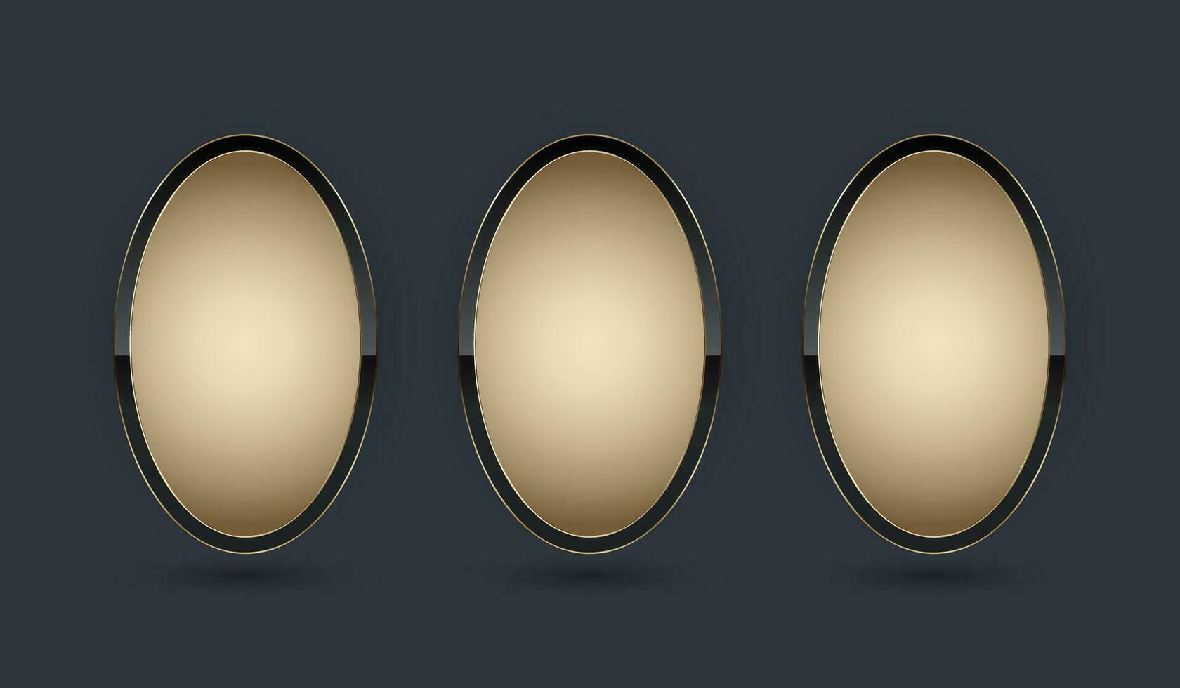 tre guld ellips form knapp vektor illustration. 3 premie elegant design för tömma oval emblem, medalj eller bricka, isolerat på svart bakgrund