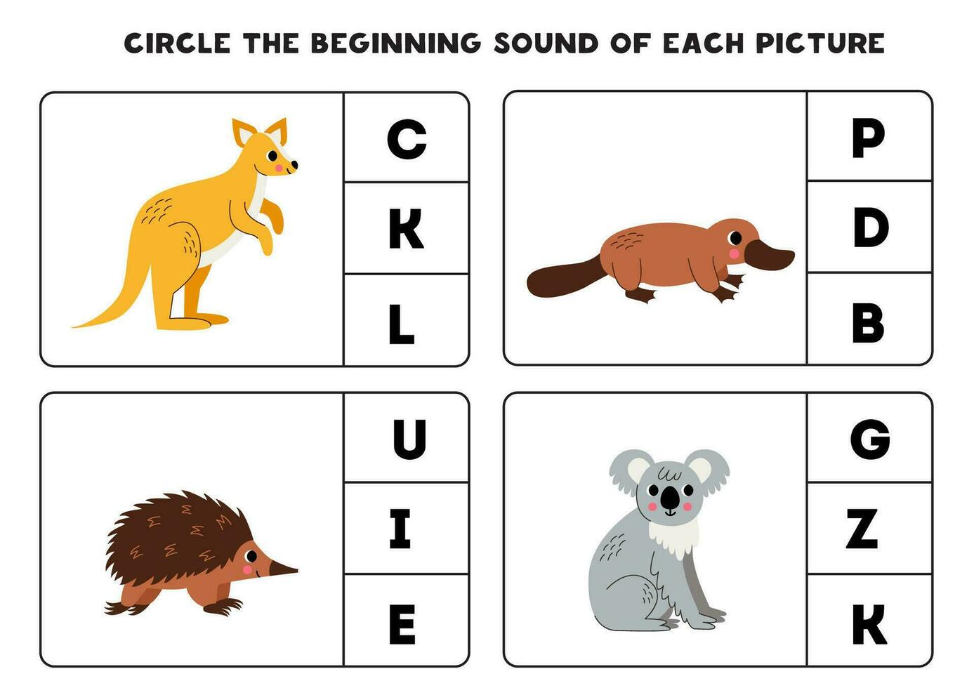 Arbeitsblatt zum Kinder. finden das Anfang Klang von süß australisch Tiere. vektor