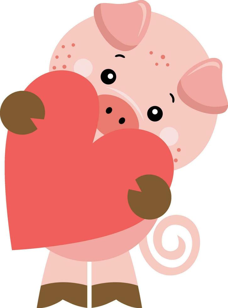 söt gris innehav en röd hjärta vektor