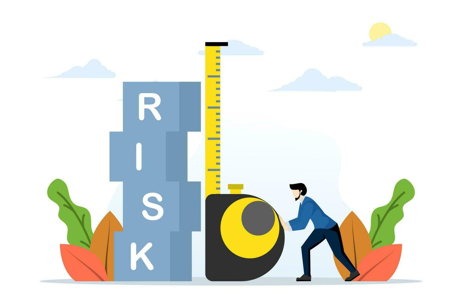 risk bedömning och undersökning, analyserar de nivå av potential fara, mätning godtagbar förlust av pengar för investering, kontrollerande eller begränsande förluster, affärsman mätning risk låda med linjal vektor
