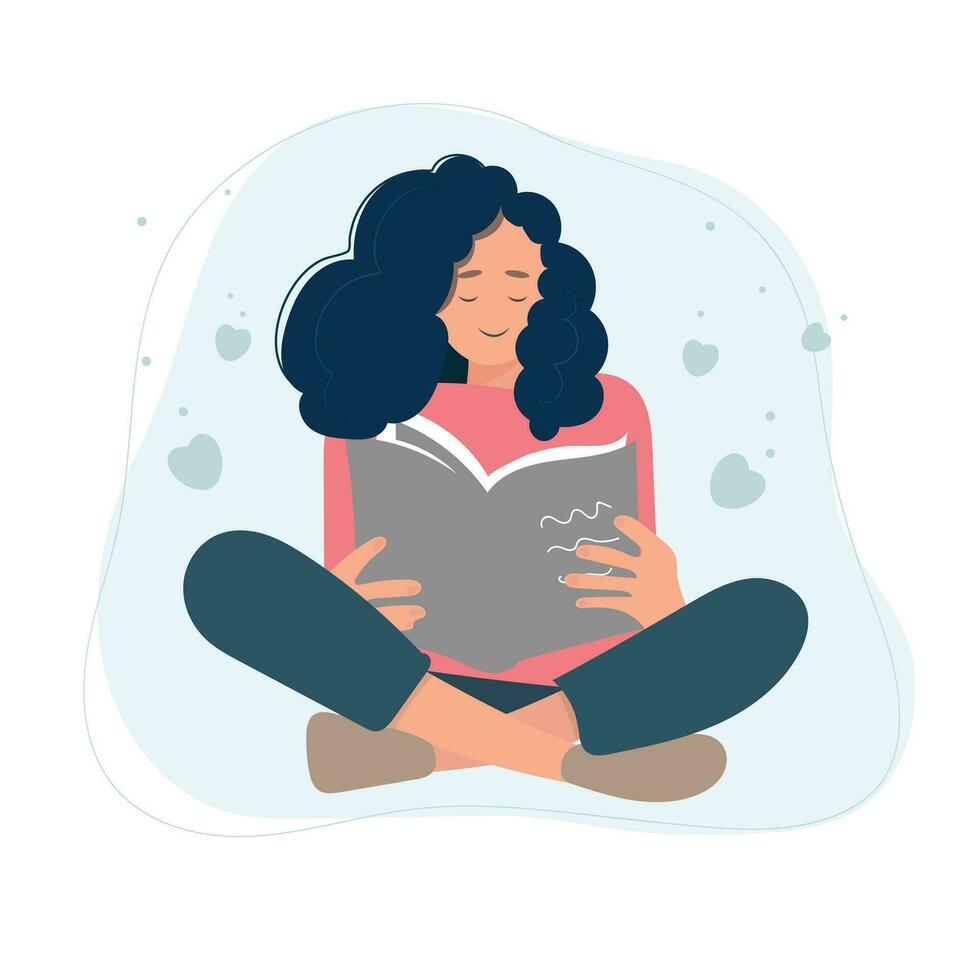 Frau lesen Konzept. jung positiv weiblich Sitzung mit ein Buch. eben Karikatur Vektor Illustration.