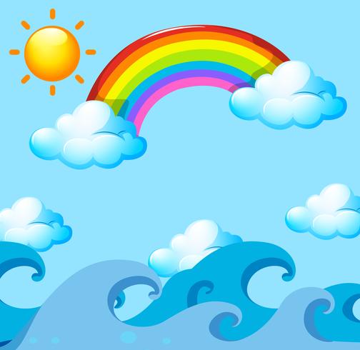 Regnbåge och sol över havet vektor