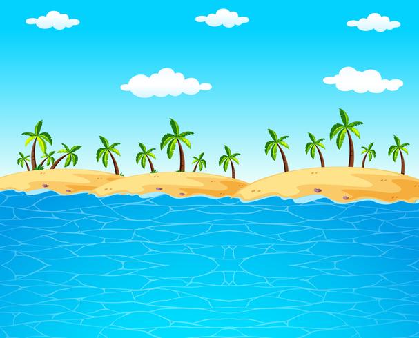 Hintergrundszene mit blauen Ozean- und Kokosnussbäumen vektor