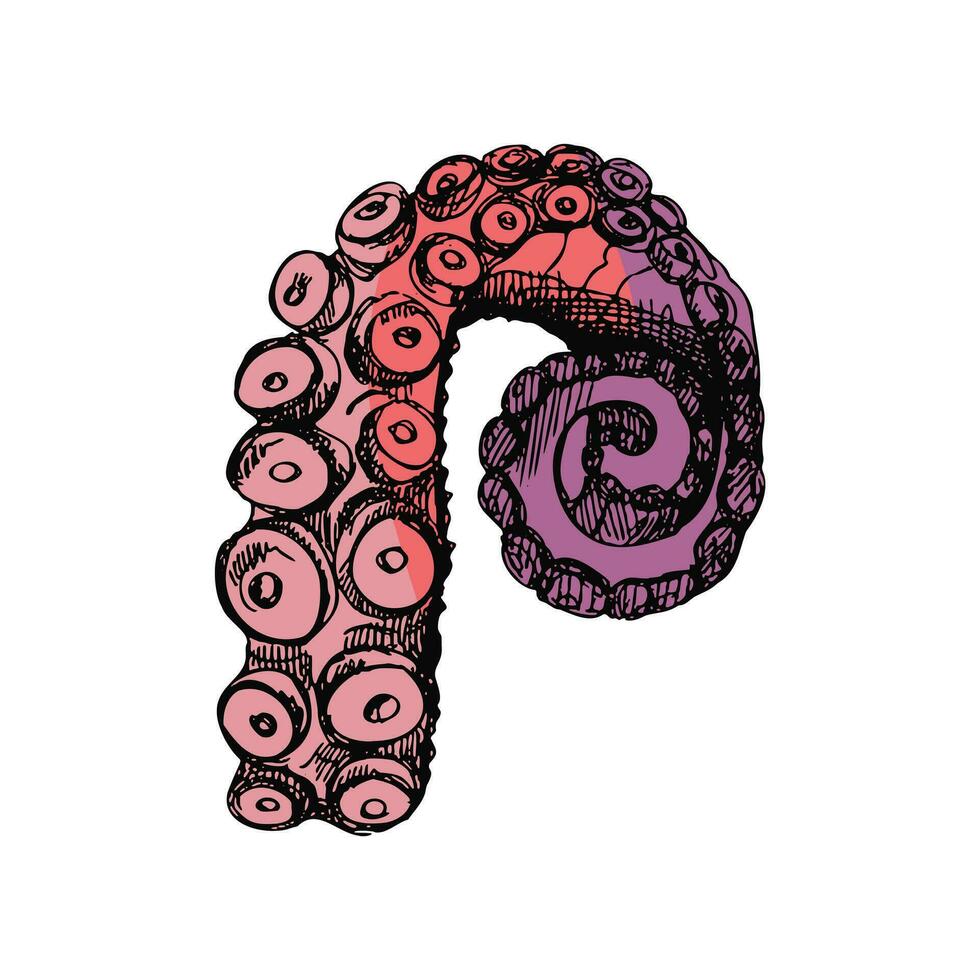 hand dragen färgad skiss av bläckfisk tentakel. vektor vatten- svartvit illustration isolerat på vit bakgrund.