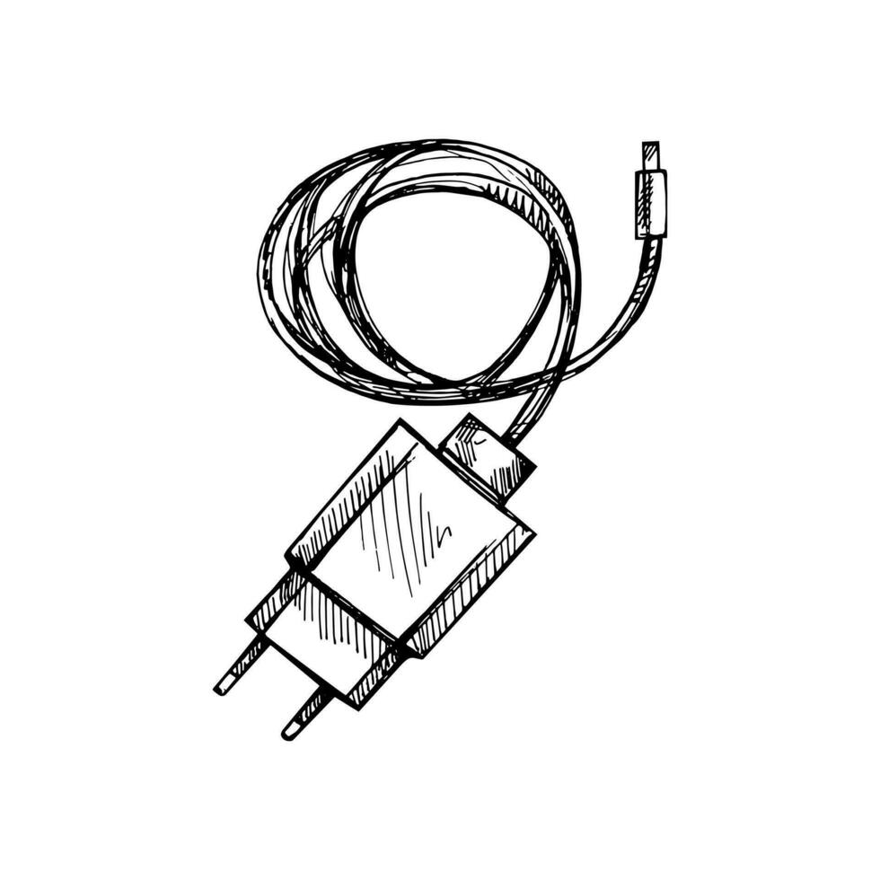 handgemalt skizzieren von elektrisch Stecker, Mikro USB Ladegerät zum Smartphone Nahansicht mit ein Kabel. Gekritzel. Hand gezeichnet Vektor Illustration.