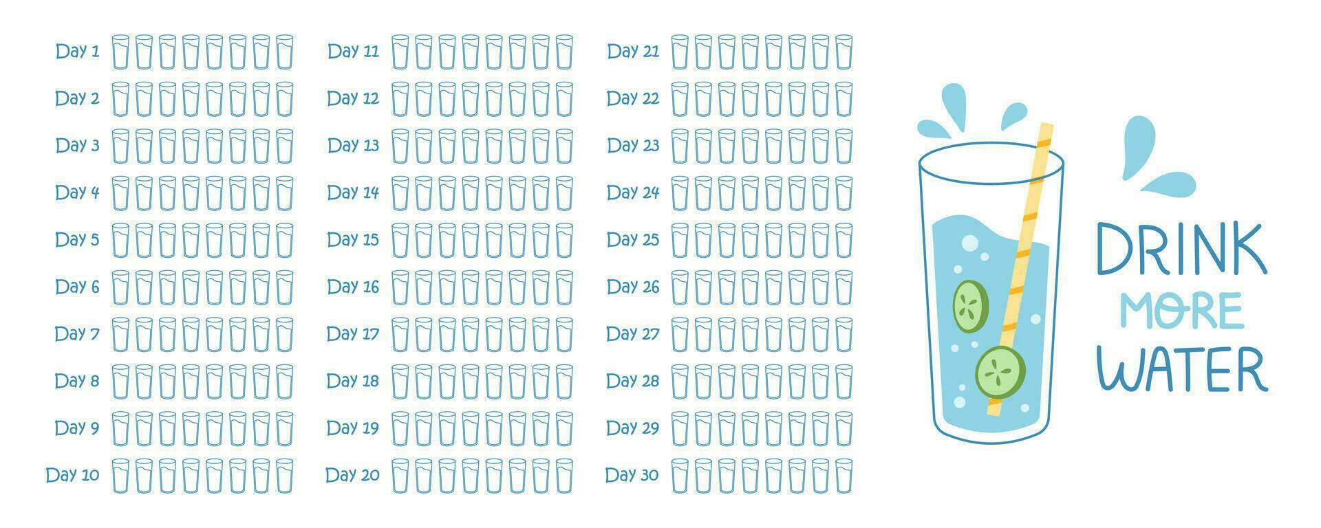 vektor tryckbar 30 dag vatten balans utmaning. 8 glasögon per dag mål. hydratisering spårare. dricka tillräckligt glas av vatten. en gång i månaden vatten balans tracker mall.