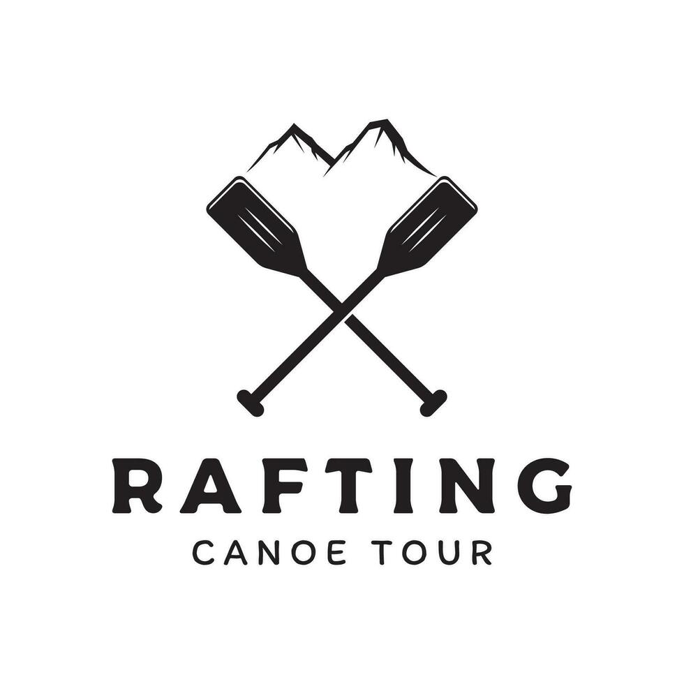 retro Jahrgang Hipster Element Logo Vorlage Rafting oder Kajak fahren mit Berge und Wald.Logo zum Rafting Club, Sport, Abenteuer und Abzeichen. vektor