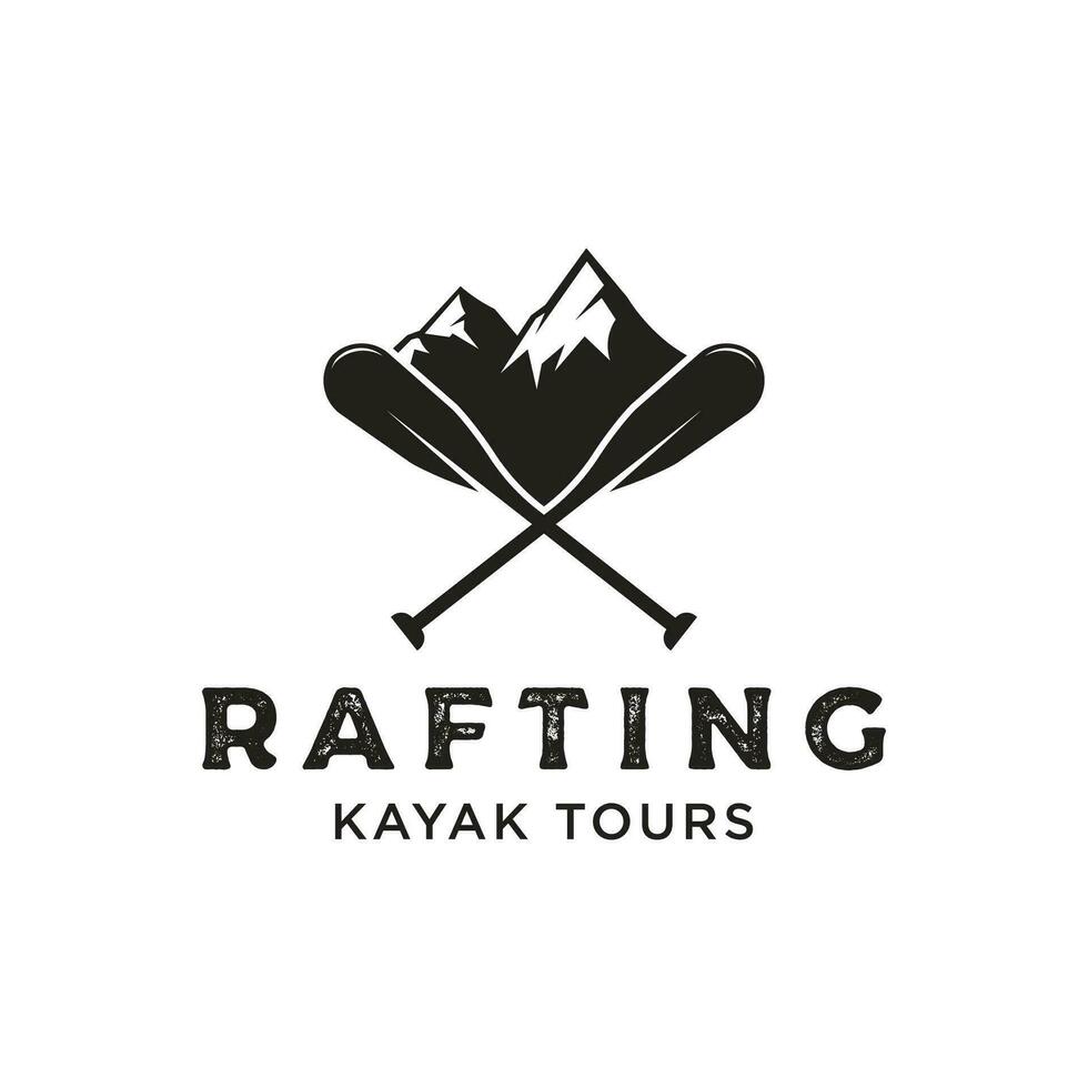 retro Jahrgang Hipster Element Logo Vorlage Rafting oder Kajak fahren mit Berge und Wald.Logo zum Rafting Club, Sport, Abenteuer und Abzeichen. vektor