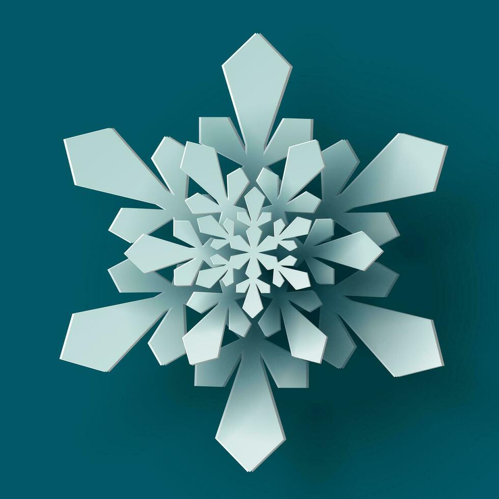 Vektor Weiß Weihnachten Papier Schnitt 3d Schneeflocke mit Schatten auf blaugrün farbig Hintergrund. Winter Design Elemente zum Präsentation, Banner, Abdeckung, Netz, Flyer, Karte, Verkauf, Poster, rutschen und Sozial Medien