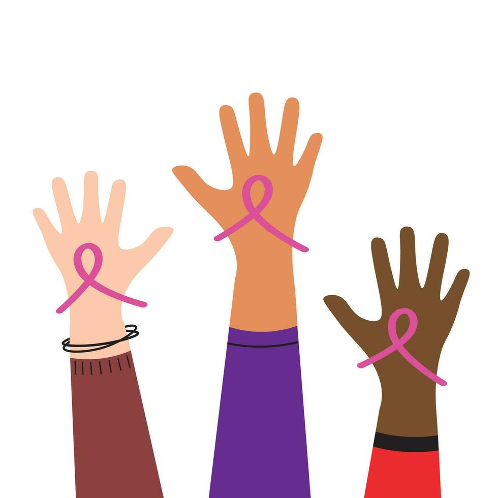 bröst cancer medvetenhet förebyggande begrepp, kvinnor annorlunda hud färger händer innehav rosa band symbol till Stöd bekämpa för hälsa cancer vektor platt illustration på isolerat bakgrund, för design