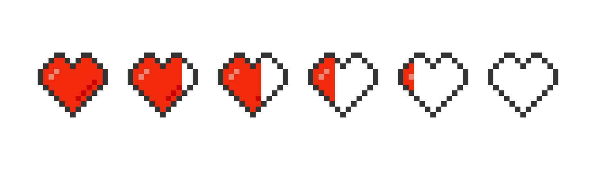 pixelig rot Herz Symbol auf Licht Hintergrund. Pixel Spiel Leben Bar Symbol. süß st Valentinstag Tag Herz, Spiel Element. Gliederung eben und farbig Stil. Vektor Illustration.