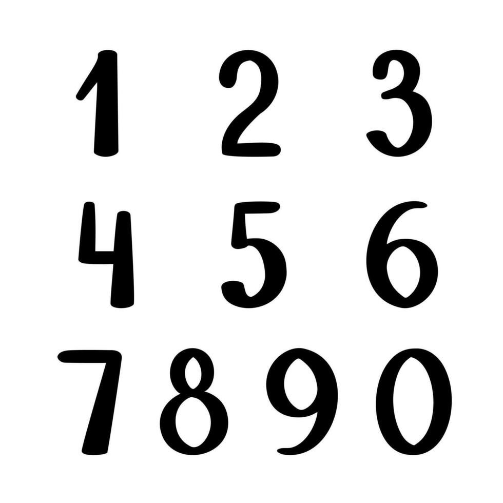 Zahlen wie ein Teil von Alphabet einfach schwarz lineart Vektor Illustration, kalligraphisch ABC, süß komisch dekorativ Handschrift, handgeschrieben Ziffern, Mathe Symbole