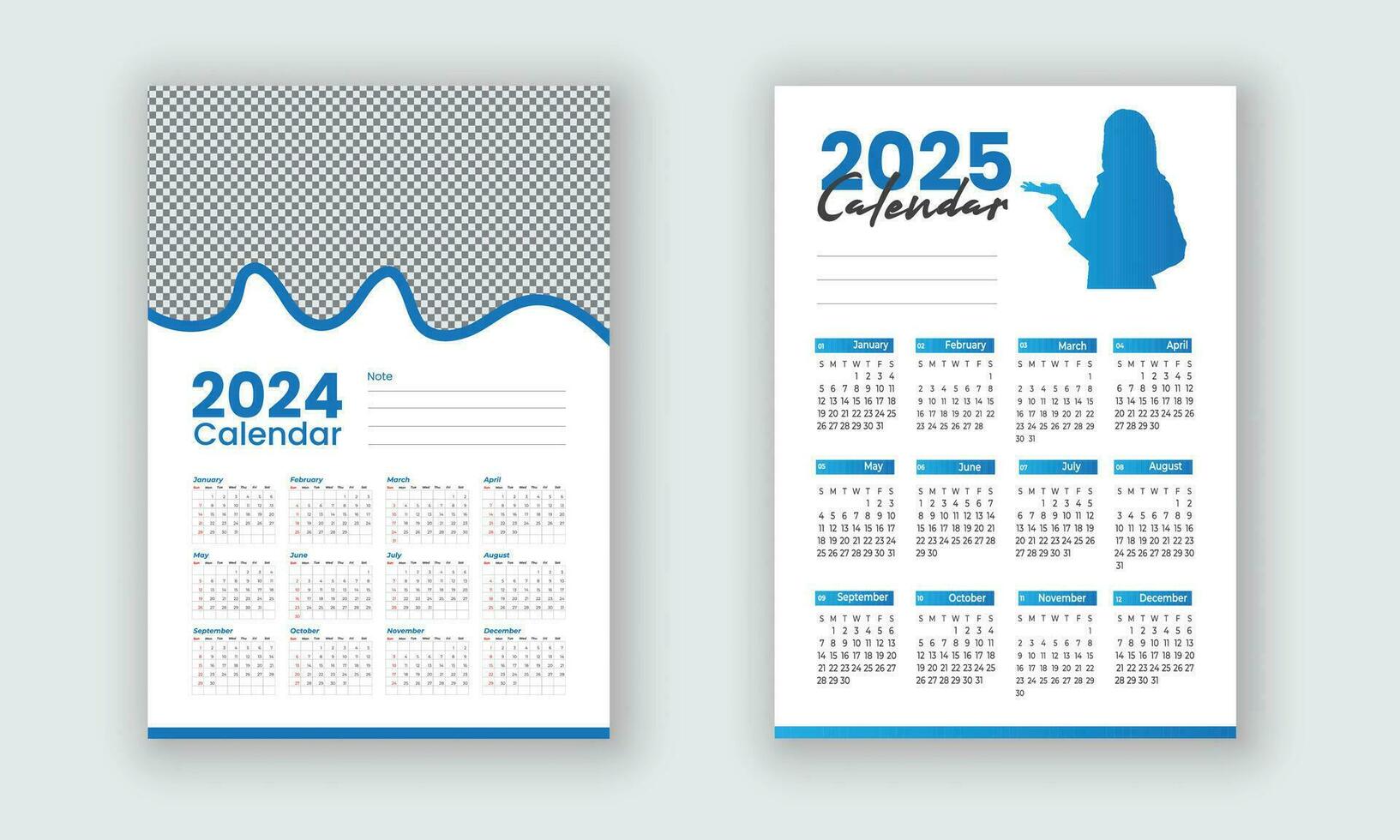 Kalender 2024, 2025 Vektor Kalender Design Satz. das Woche beginnt auf Sonntag oder Mauer Kalender im ein minimalistisch Stil