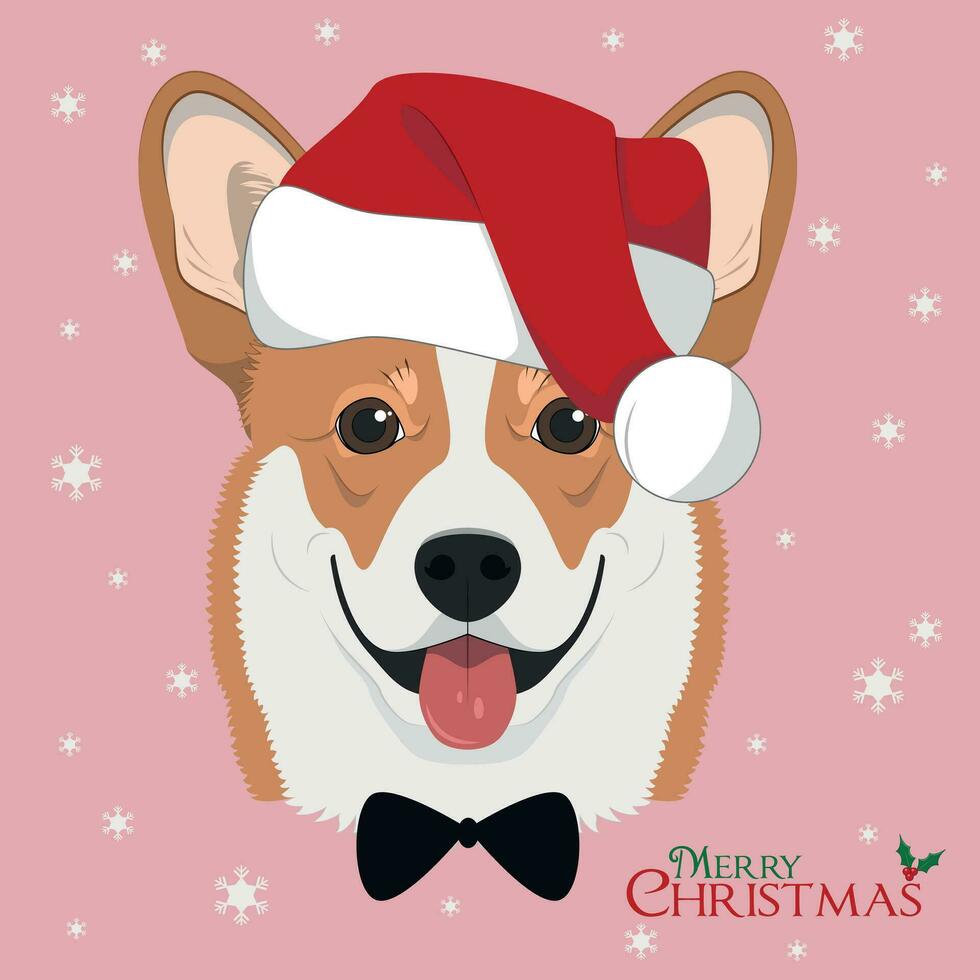 jul hälsning kort. pembroke welsh corgi hund med röd jultomten hatt och rosett slips vektor