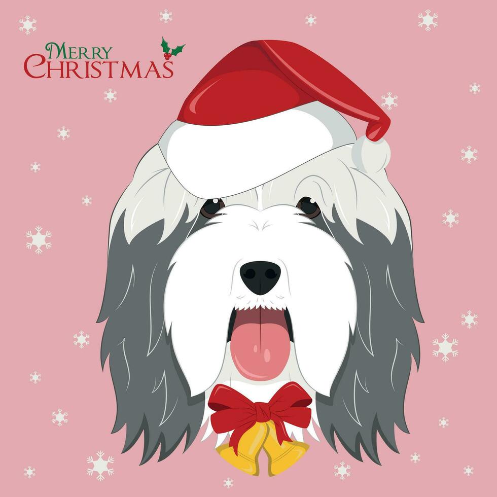 jul hälsning kort. skäggig collie hund med röd jultomten hatt och gyllene jul klockorna vektor