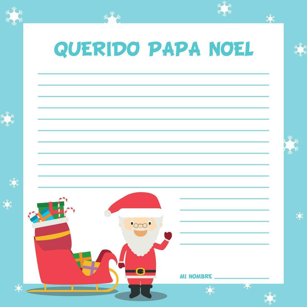 Papa Noel Brief Vorlage Vektor Illustration zum Weihnachten Zeit im Spanisch, mit Kind Charakter, Schlitten und die Geschenke.