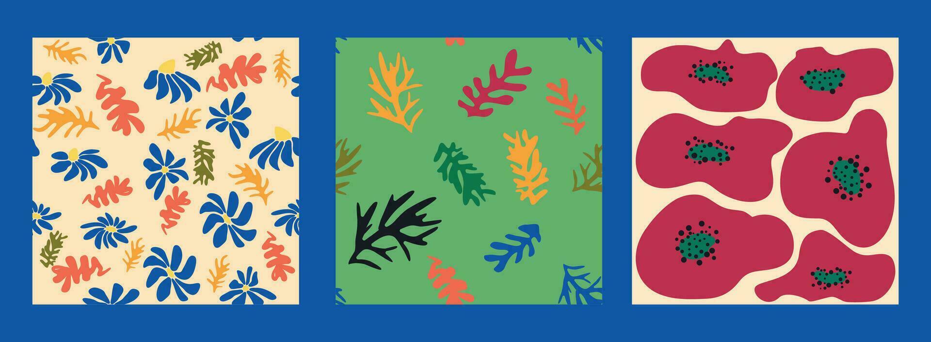 modern trendig matisse blomma minimal stil. uppsättning av 3 matisse inspirerad vägg konst affischer, broschyr, flygblad mallar vektor