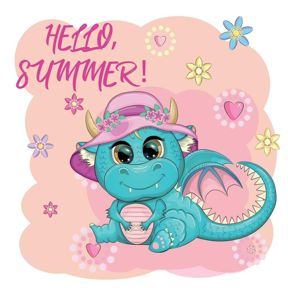 süß Karikatur Grün Baby Drachen im ein Sommer- Hut, schwimmen Ring. Symbol von 2024 gemäß zu das Chinesisch Kalender. vektor