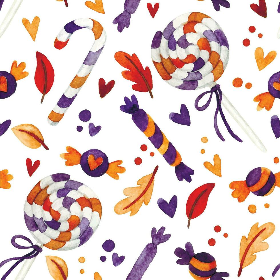 Aquarell nahtlos Muster mit Halloween Süßigkeiten und Süßigkeiten auf ein Weiß Hintergrund. süß Halloween drucken vektor
