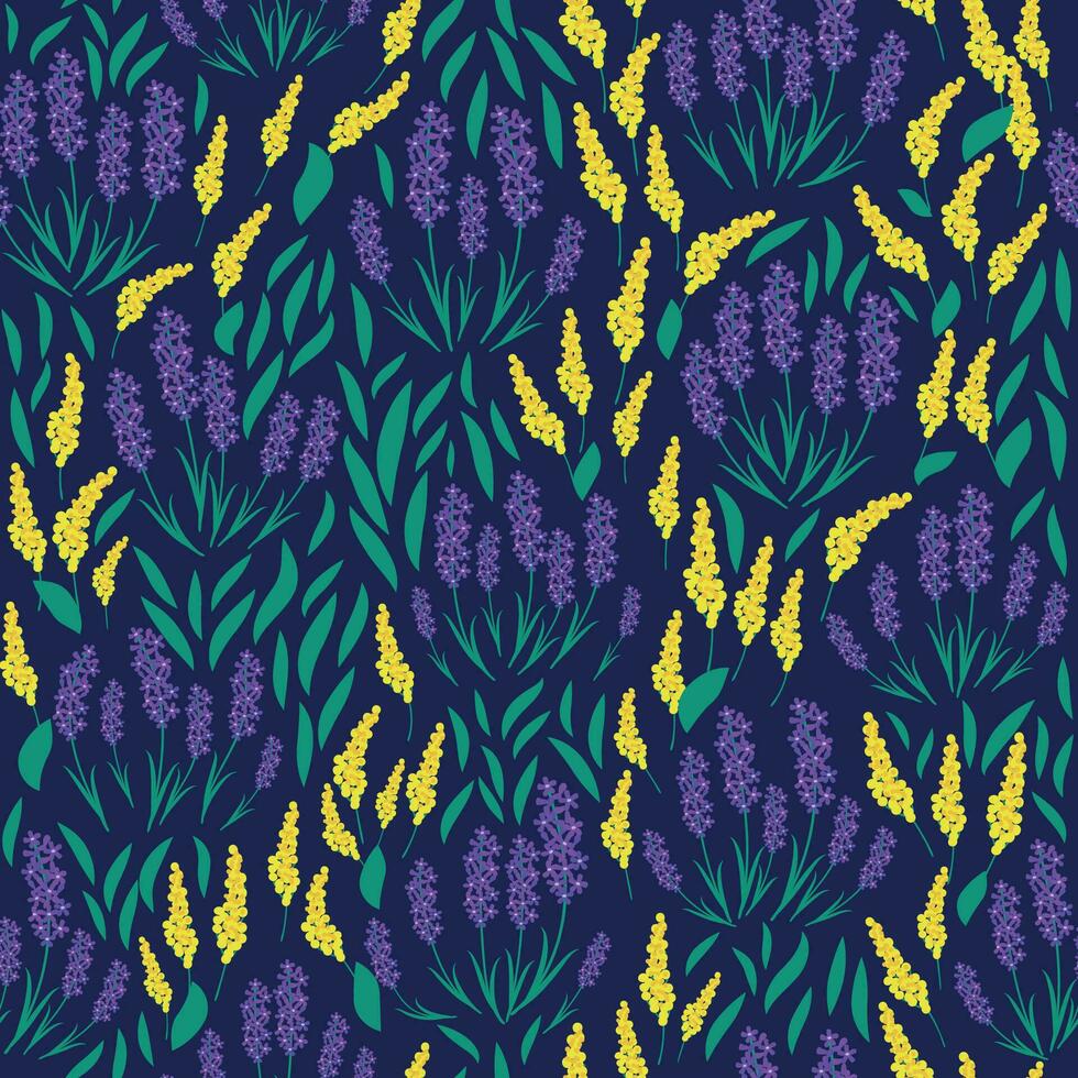 botanisk sömlös skriva ut med olika blommig element. blå fält av lavendel- och kamomill. mönster med miniatyr- blommor, årgång textil- vektor