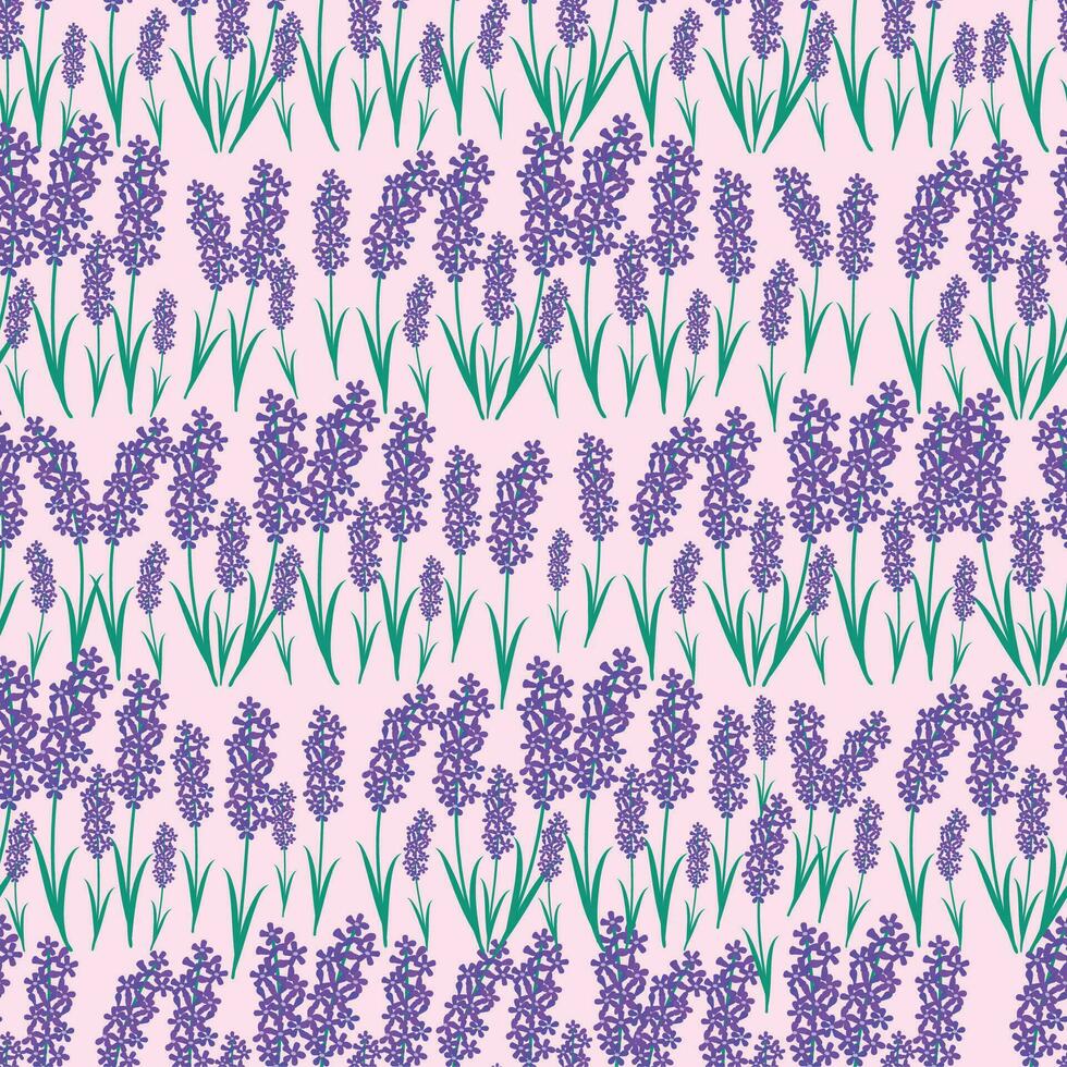 botanisch nahtlos drucken mit verschiedene Blumen- Elemente. Blau Felder von Lavendel und Kamille. Muster mit Miniatur Blumen, Jahrgang Textil- vektor