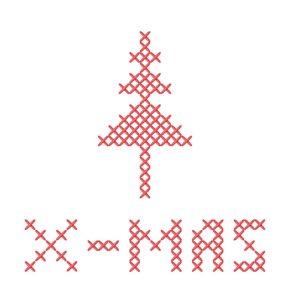 jul träd med text xmas broderi i dräng folk rustik motiv. korsa sy gran och jul vektor