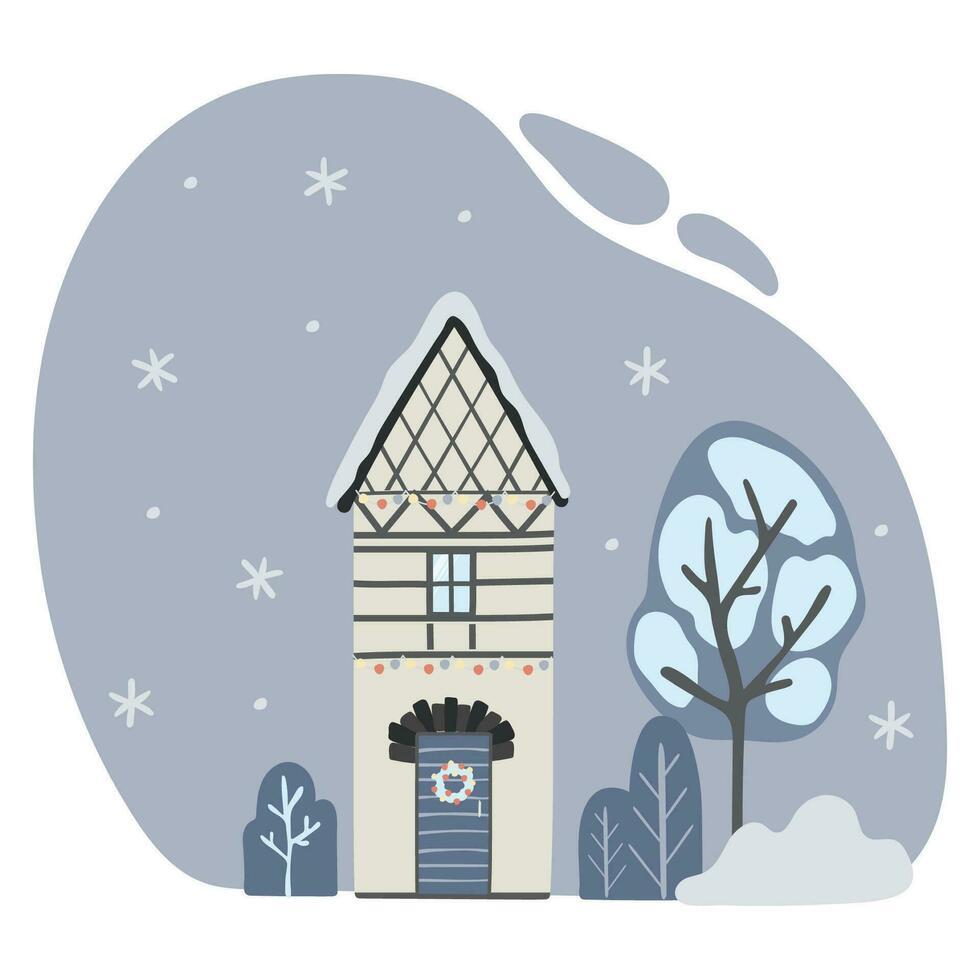 landskap med europeisk hus byggnader med jul dekoration på fasader. gammal stad hem med snö på tak, dekorerad för jul. vektor
