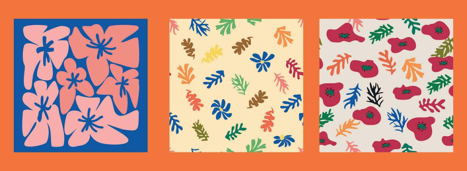 modern trendig matisse blomma minimal stil. uppsättning av 3 matisse inspirerad vägg konst affischer, broschyr, flygblad mallar vektor