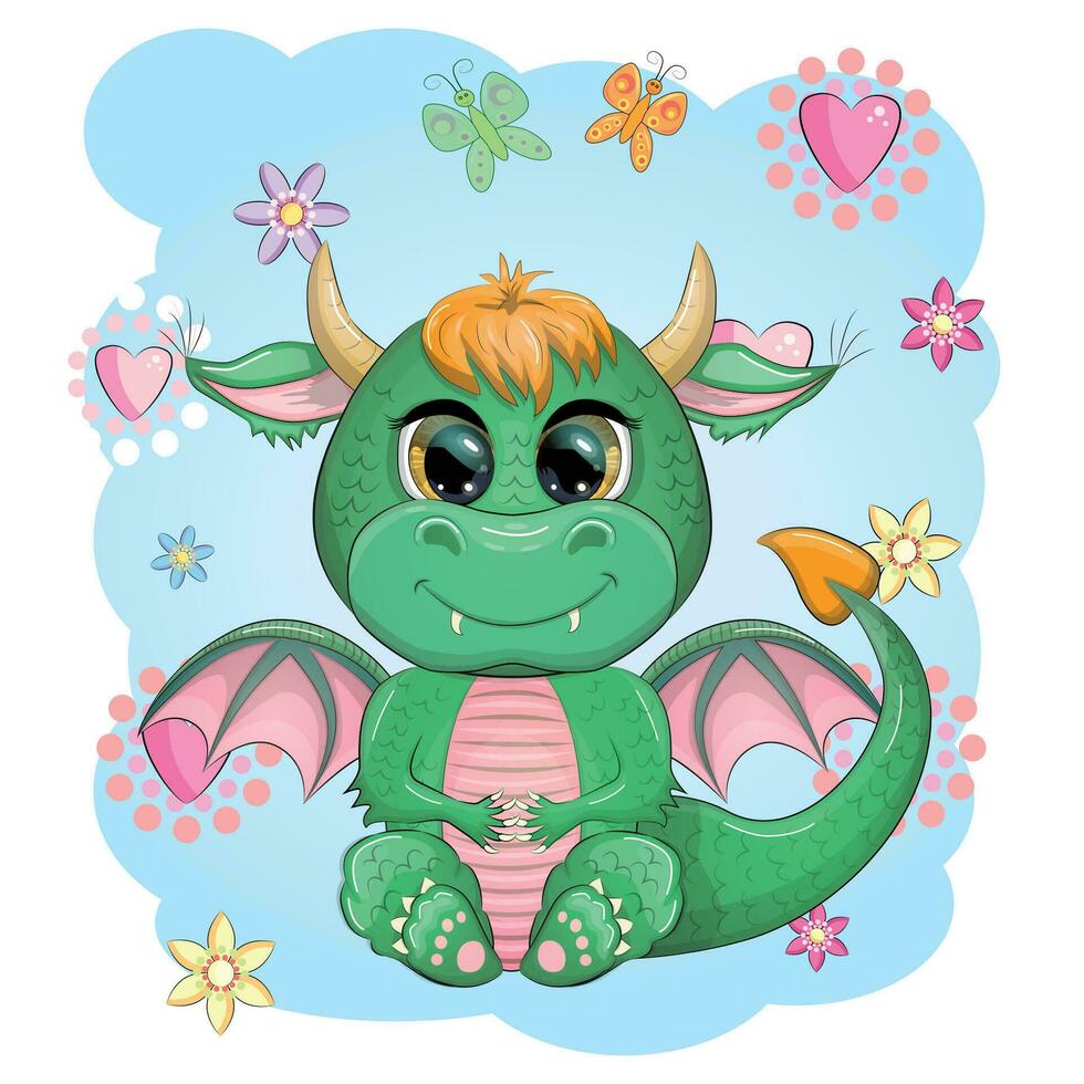 söt tecknad serie grön bebis drake med horn och vingar. symbol av 2024 enligt till de kinesisk kalender. rolig mytisk monster reptil vektor