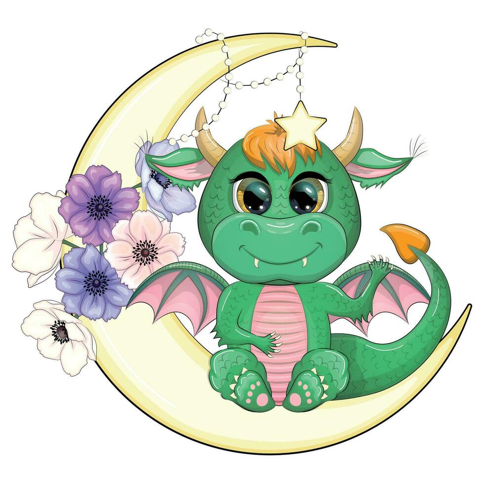 süß Karikatur Grün Baby Drachen auf das Mond. Symbol von 2024 gemäß zu das Chinesisch Kalender. vektor