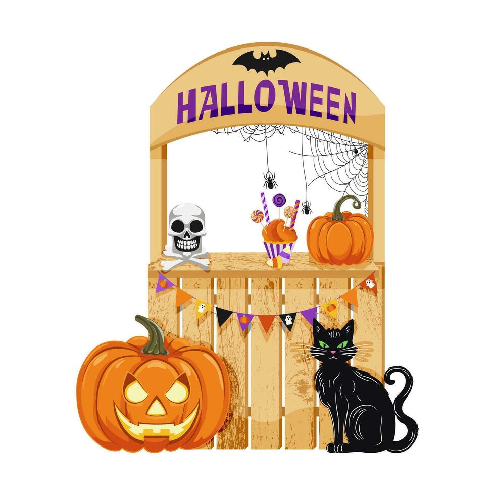 halloween fest stå. trä- bås med pumpa, svart katt, godis, krans med flaggor, webb med spindlar, skalle och korsade ben. dekorativ dekoration för halloween firande. vektor illustration.