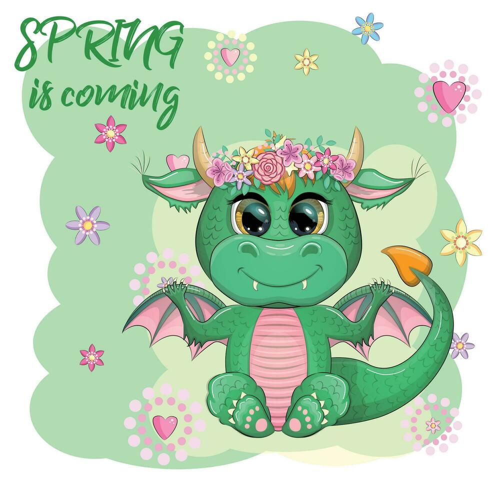 söt tecknad serie grön bebis drake med horn och vingar. symbol av 2024 enligt till de kinesisk kalender. rolig mytisk monster reptil. vektor