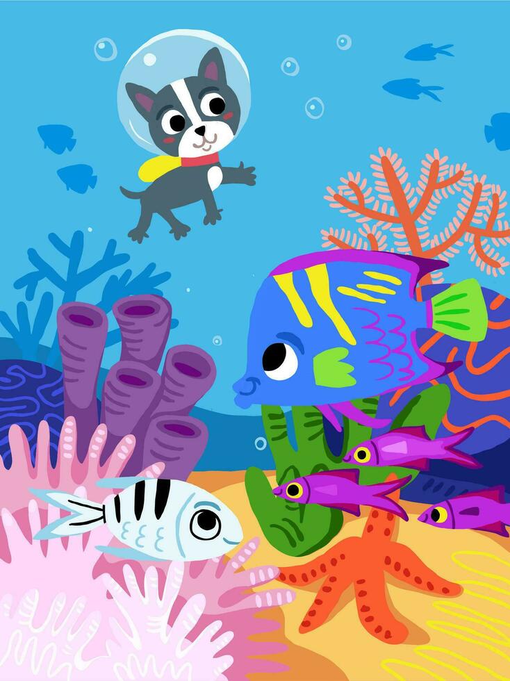 Kinder Illustration mit unter Wasser Welt. Fisch Karikatur Figuren. perfekt zum Kinder Aktivität Buch, Bild Buch. Hund unter Wasser. Kinder Poster mit Karikatur unter Wasser Szene vektor