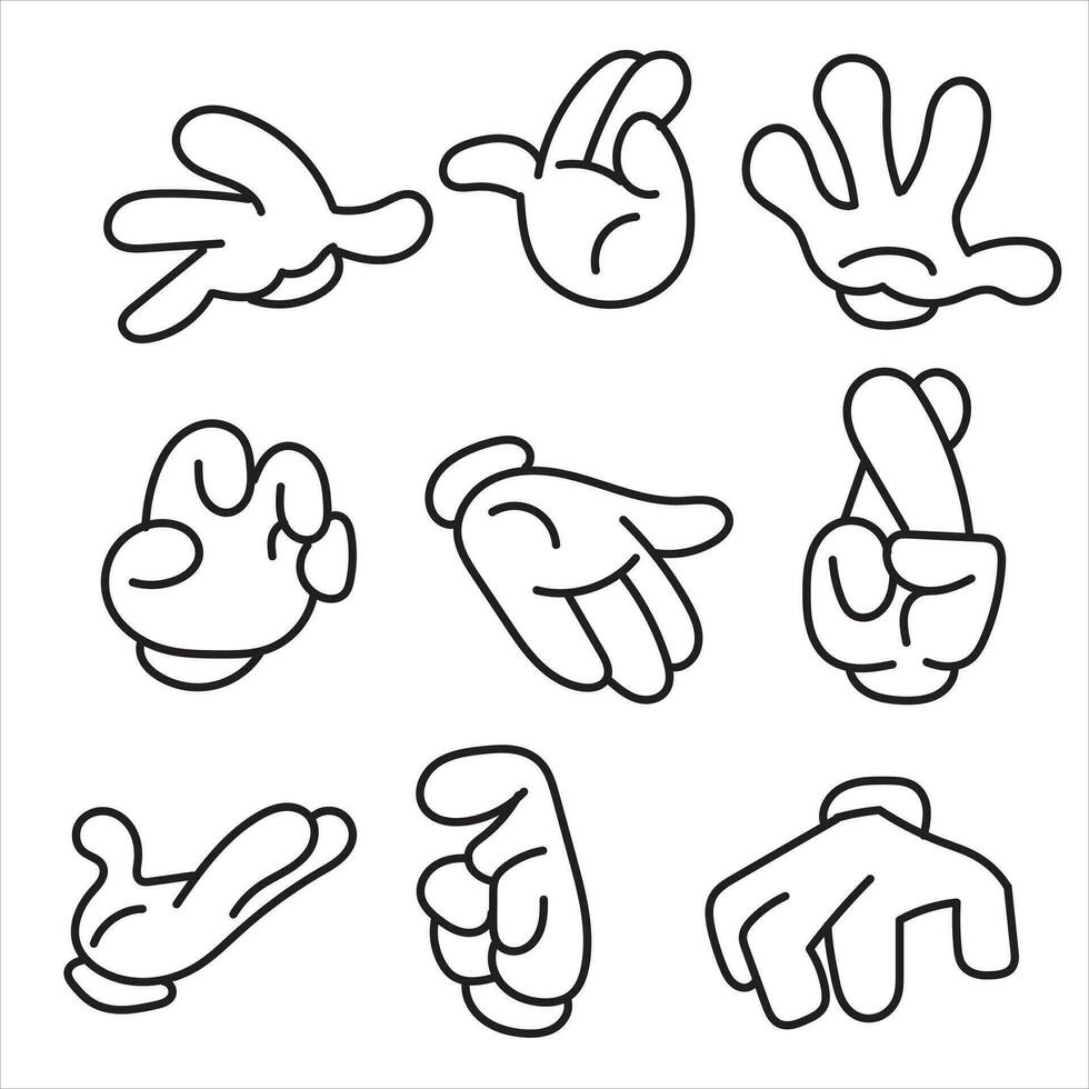 Hände Posen. weiblich Hand halten und zeigen Gesten, Finger gekreuzt, Faust, Frieden und Daumen hoch. Karikatur Mensch Palmen und Handgelenk Vektor Satz. Kommunikation oder reden mit Emoji zum Boten