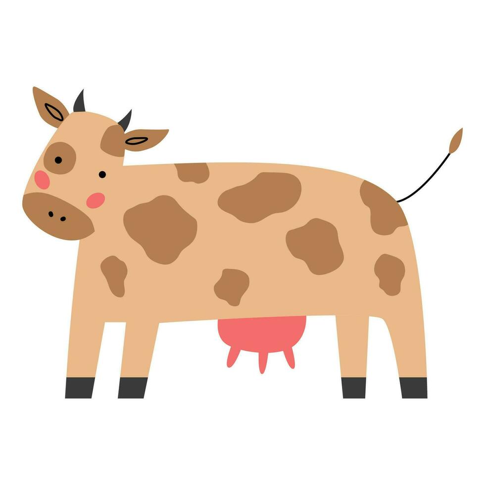 bruka djur. brun ko, hand dragen rolig samtida teckning boskap, mjölk och kött, stående däggdjur. tecknad serie platt isolerat vektor illustration på vit bakgrund.