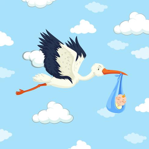 Stork levererar baby pojke vektor