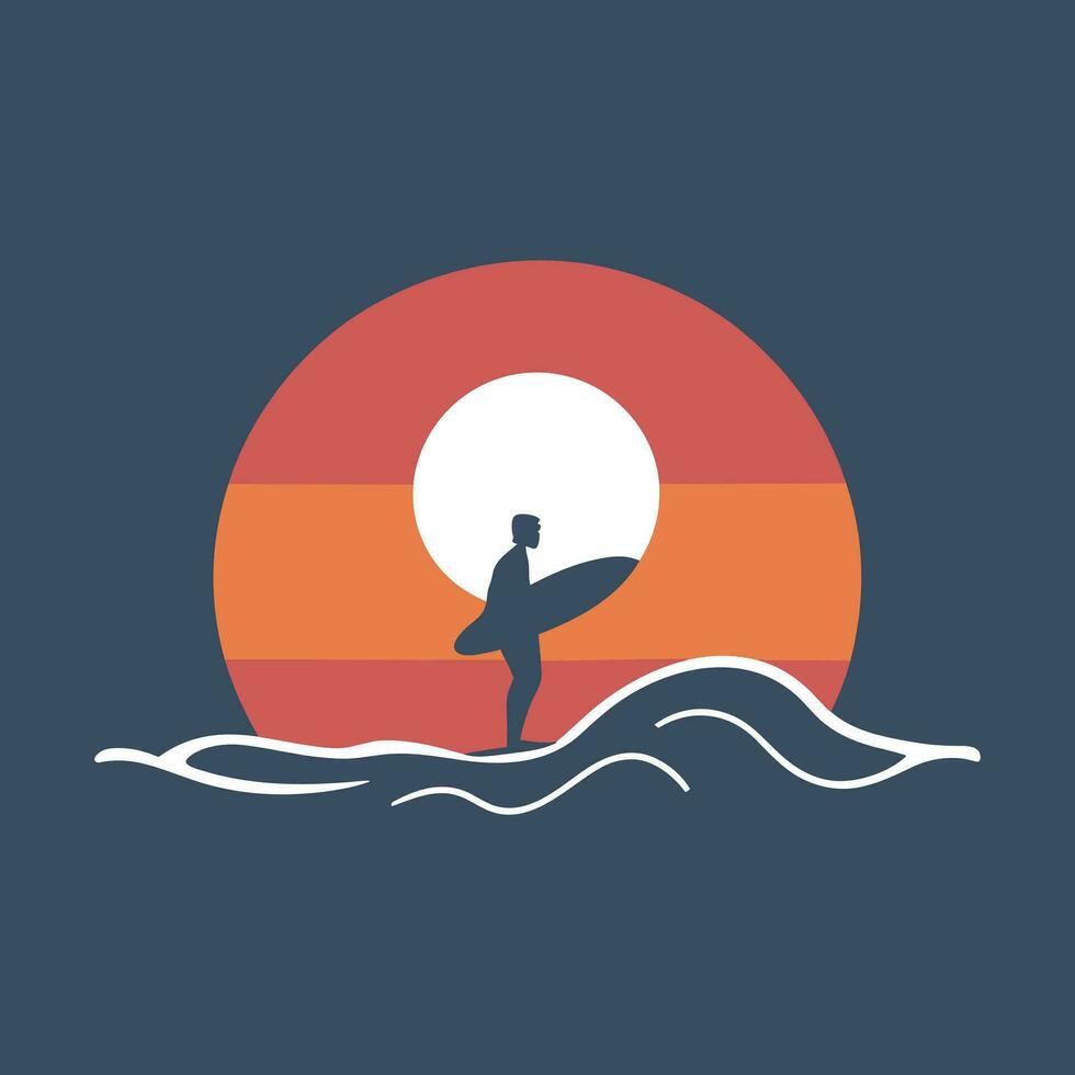 minimal t skjorta design av surfare stående i de hav strand med surfingbräda i hand vektor