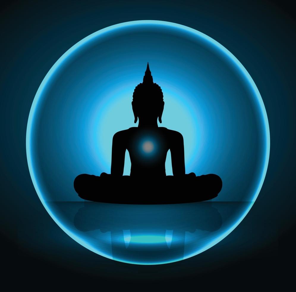 schwarze buddha-silhouette vor dunklem strahlblauem hintergrund vektor